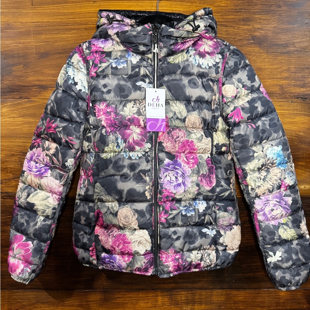 NWT Deha Reversible Black/Multicolor Floral Puffer Jacket w/ removable hood - Picture 2 of 8